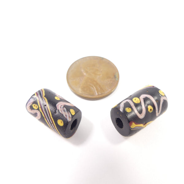 Antique Venetian Lampwork, Black with Latticino Squiggles, 15x9mm, Sold Individually