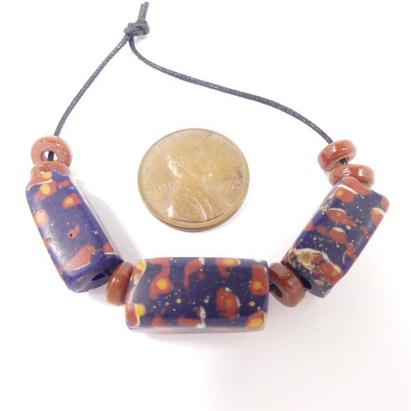 Antique Venetian Lampwork, Dark Blue Brick Shape with Brick & Amber Eyes, Set of 3