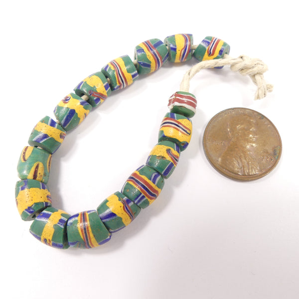 Antique Venetian Lampwork, Mini Beads Green With Yellow & Multi Band, Set of 16