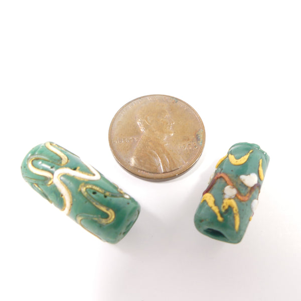 Antique Venetian Lampwork, Green "Fancy Beads" with Raised Designs, Set of 2