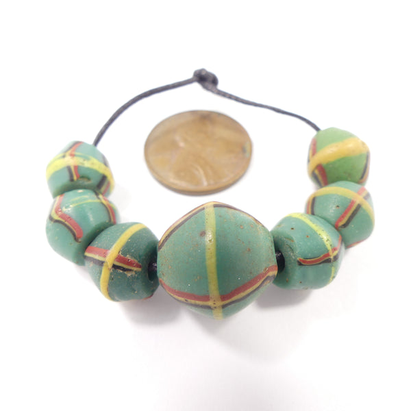 Antique Venetian Lampwork, Green King Bead Collector/Designer Set of 7 Beads