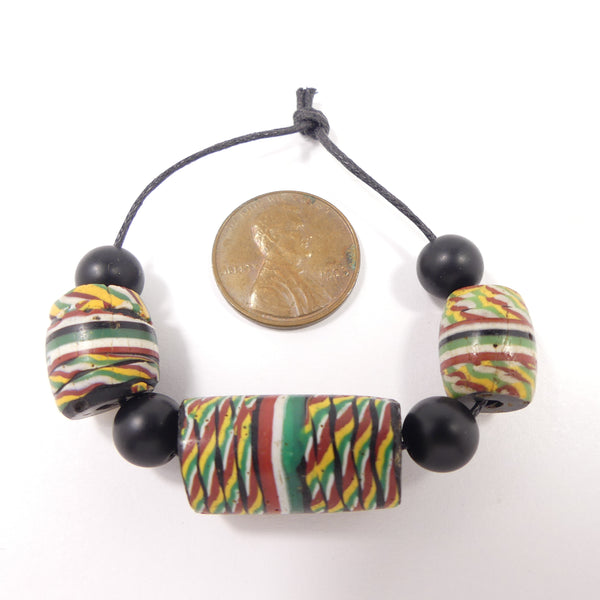 Antique Venetian Lampwork, Gree "Kente" Beads, Set of 3