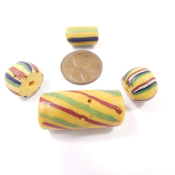 Antique Venetian Lampwork, Set of Amber Beads with Stripes, Asst Shapes and Sizes, Set of 4