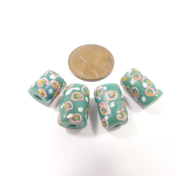 Antique Venetian Lampwork, Green with Sweet Latticino Eye Designs, Set of 4