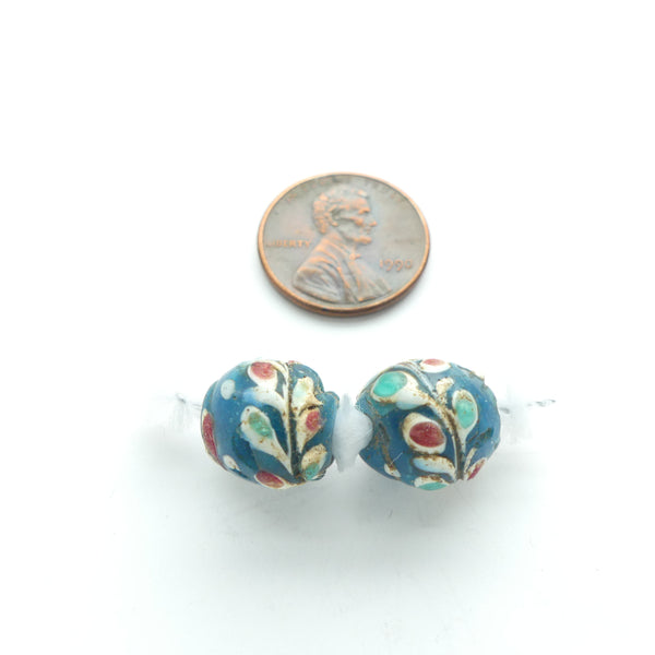 Antique Venetian Lampwork, Floral Spray Fancy Beads on Ultra Rare Teal Cores, Set of 2