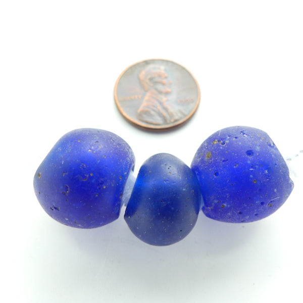 Dogon, Antique Translucent Cobalt Blue, Oblate Beads, 13x17mm, Set of 3