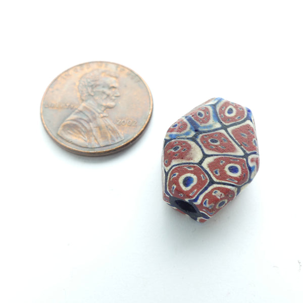 Millefiori Antique Venetian Trade Bead, Tabular Small Red, White & Blue, 18x14mm