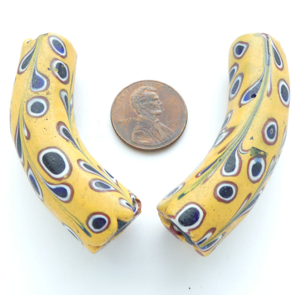 Millefiori, Antique Venetian Trade Beads, Amber Elbow with Feathered Murrine, 52x15mm