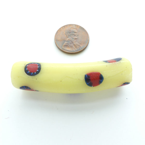 Millefiori, Antique Venetian Trade Bead, Elbow, Cream with Scattered Red Murrine, 52x13mm