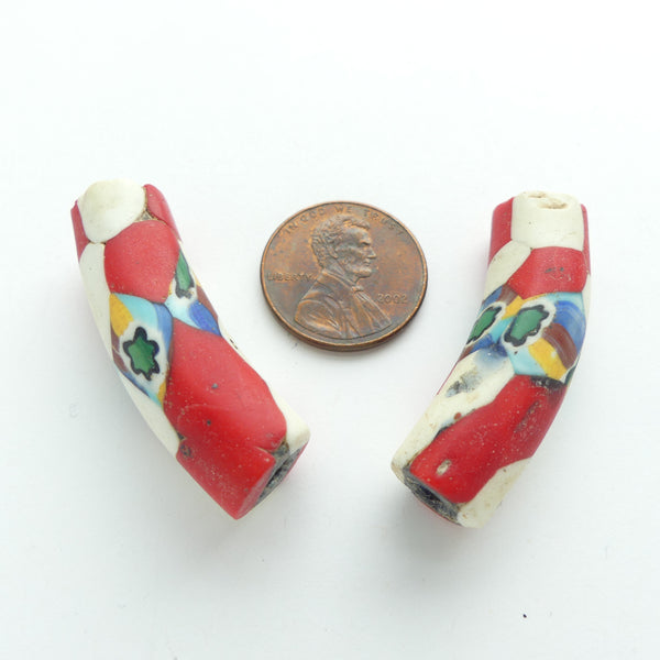 Millefiori Antique Venetian Trade Beads, Elbows, Red & White w/ Flowers, 35x12mm Sold Individually