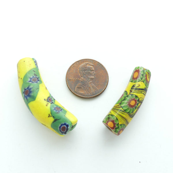 Millefiori Antique Venetian Trade Beads, Elbows Small Yellow and Green, Larger 35x10mm