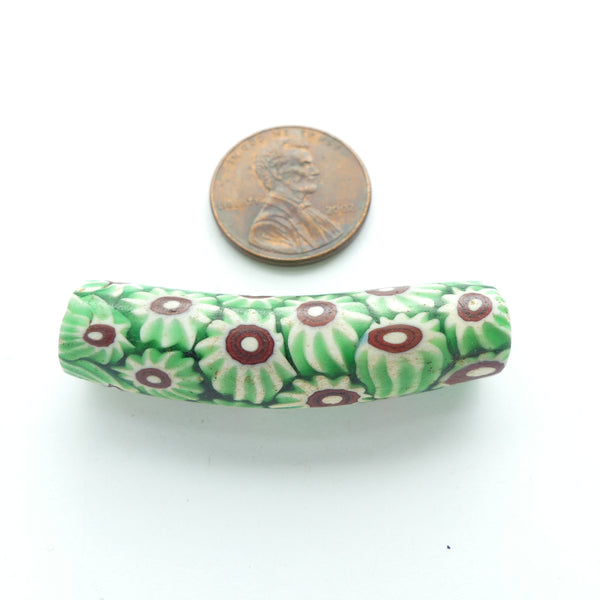 Millefiori, Antique Venetian Trade Bead, Elbow, Green Chevrons, 42x11mm