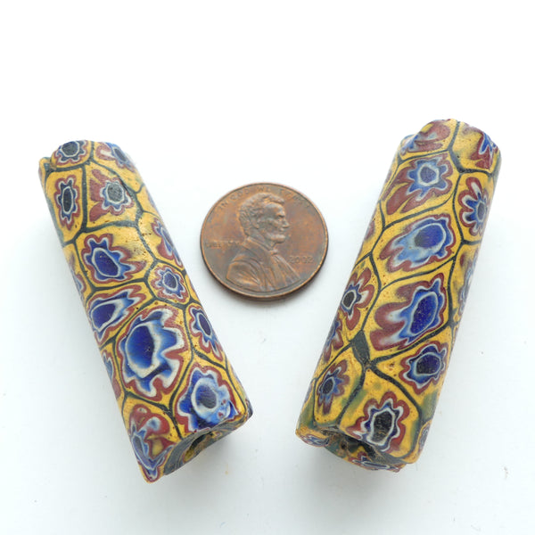 Millefiori, Antique Venetian Trade Beads, Ex. Large 45x14mm, Flowers in Amber, Brick & Blue
