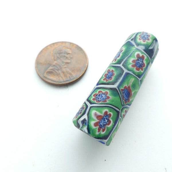 Millefiori, Antique Venetian Trade Bead, Green w/ Red, Blue & Mystery, 35x12mm