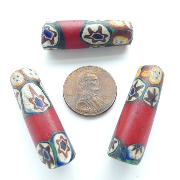 Millefiori, Antique Venetian Trade Beads, Rare Red with Stars, 31x10mm, Sold Individually
