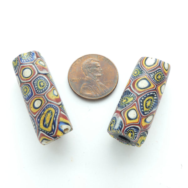 Millefiori, Antique Venetian Trade Beads, Perfect Two Pattern, 30x12mm, Sold Individually