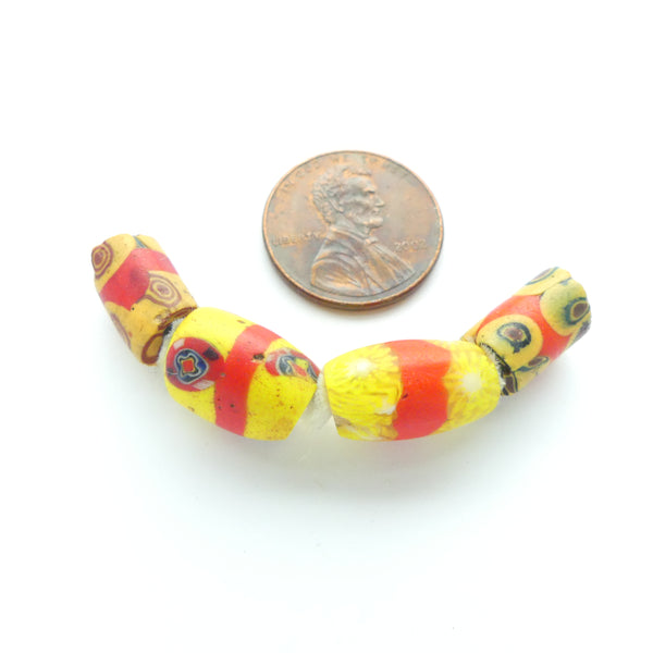 Millefiori, Antique Venetian Trade Beads, Red & Yellow w/ 2 "Olive" Shapes, Set of 4