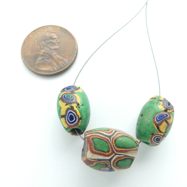 Millefiori, Antique Venetian Trade Beads, Coordinated Set of 3 Green Olive Shapes