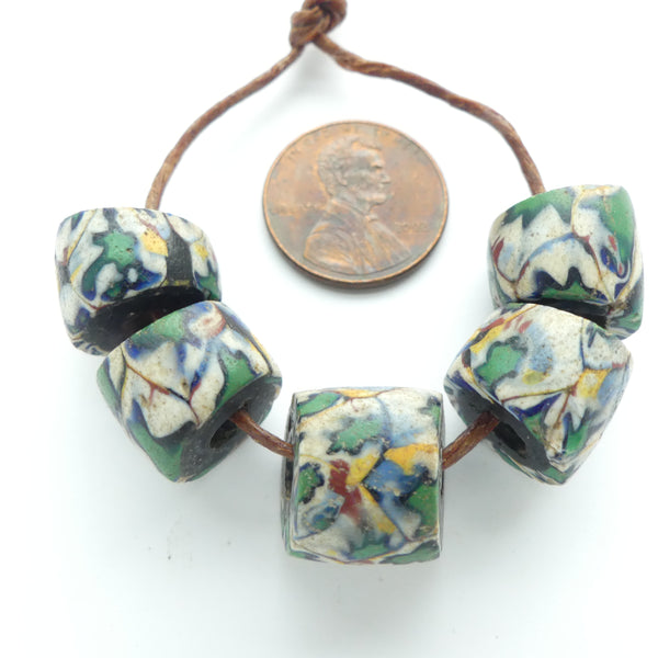 Antique Venetian Millefiori Trade Beads, Rare Green Stars with White & Amber, Set of 5