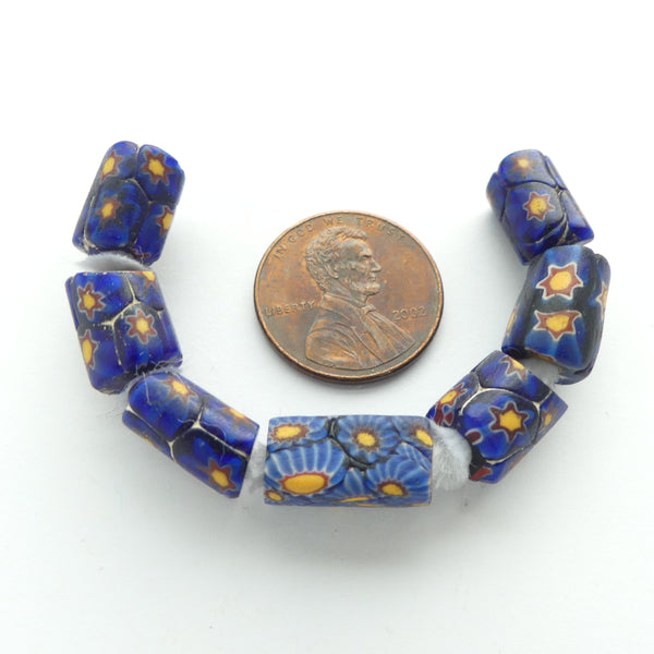 Millefiori, Antique Venetian Trade Beads, Mini Beads w/ Stars in Blue, 11x8mm, Sets of 2