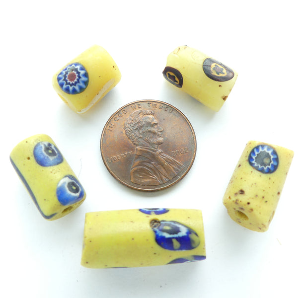 Millefiori, Antique Venetian Trade Beads, Off White Core with Scattered Murini, Set of 5