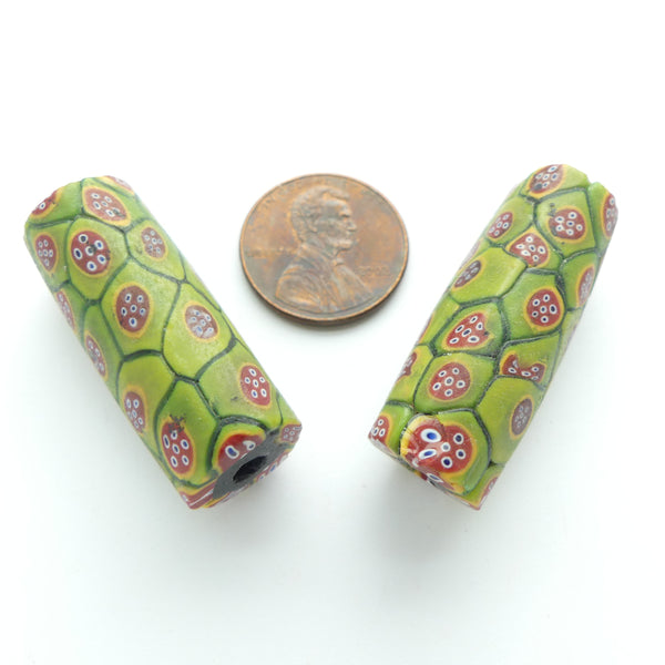 Millefiori, Anrique Venetian Trade Beads, Olive Green with Brick, 33x12mm, Sold Individually
