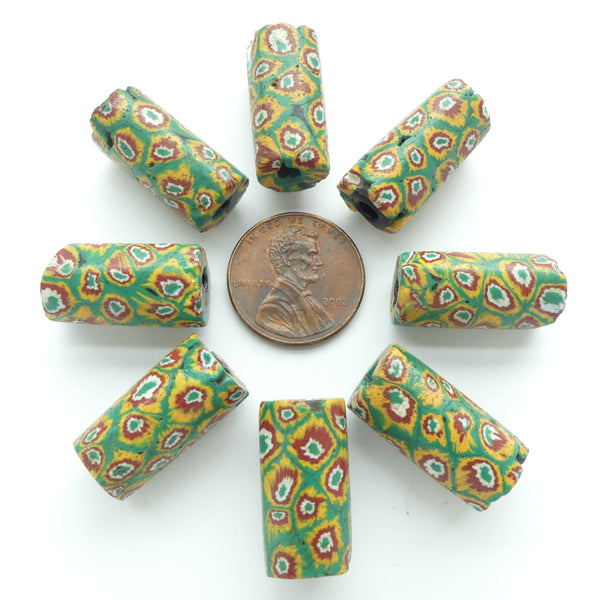 Millefiori, Antique Venetian Trade Beads, Green, Red, Amber, 20x10mm, Sold Individually