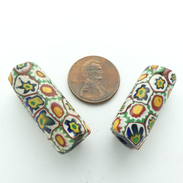 Millefiori, Antique Venetian Trade Beads, Multicolor Flowers, 30x12mm, Sold as Set of 2