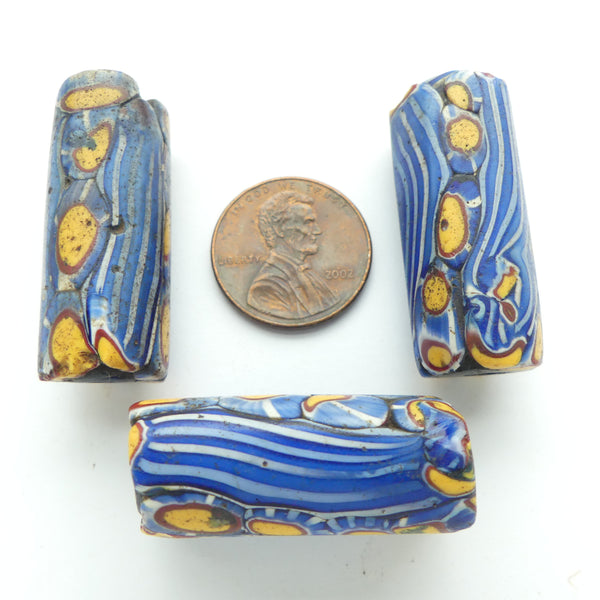 Millefiori, Antique Venetian Trade Beads, Blues & Amber 33x12mm, Sold Individually
