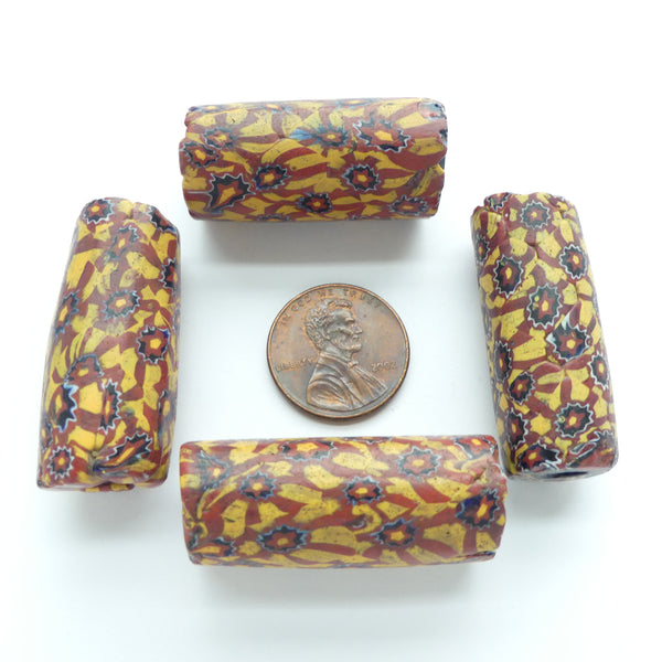 Millefiori, Antique Venetian Trade Beads, Rare Pattern in Large Size, Amber & Brick 35x14mm