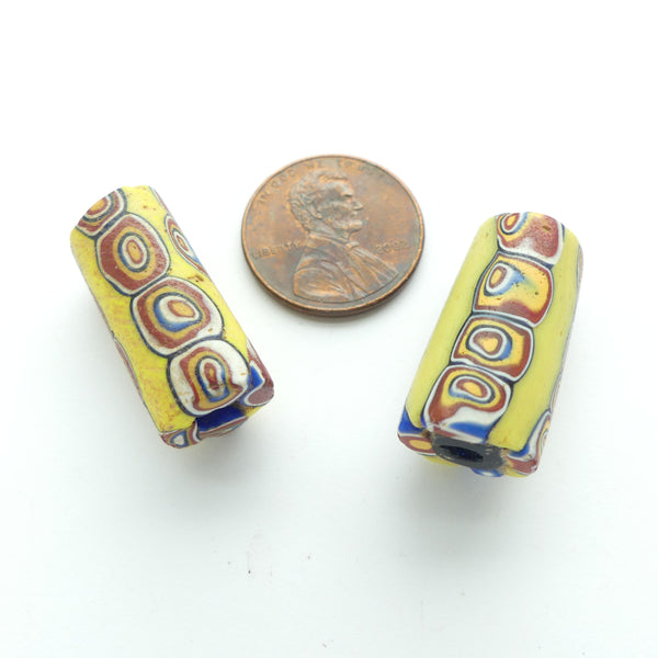 Millefiori, Antique Venetian Trade Beads, Yellow & Multicolor, 23x10mm, Sold Individually