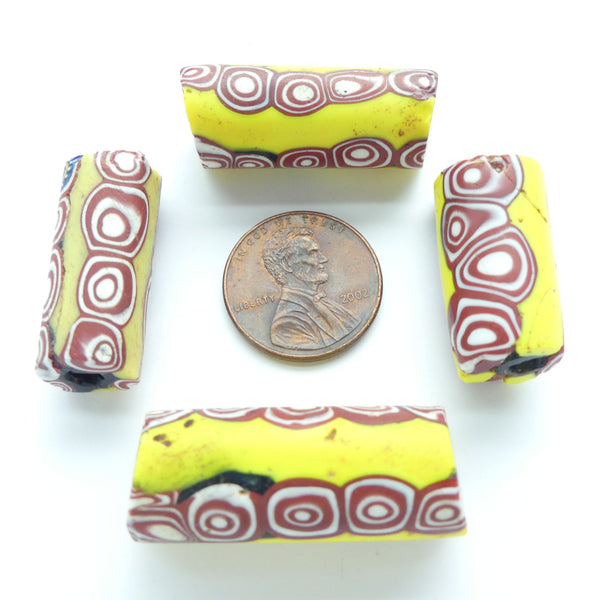Millefiori Antique Venetian Trade Beads, Brick & White Bullseyes with Yellow, Set of 4