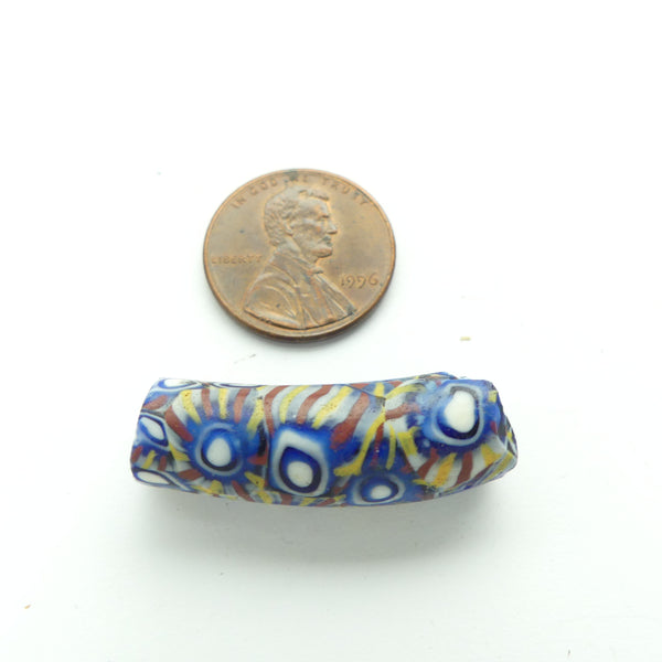 Millefiori Antique Venetian Trade Bead, Small Elbow Blue & White with Red & Yellow, 30x10mm
