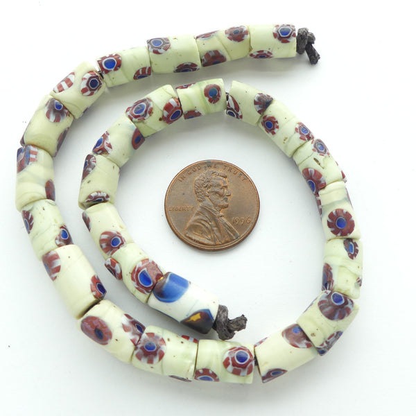 Millefiori Antique Venetian Trade Beads, Mini Bear Paw Design on White, Sold Individually