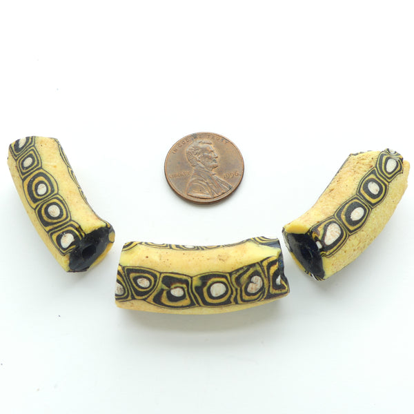 Millefiori Antique Venetian Trade Beads, Elbows, Amber, White & Black Set of 3