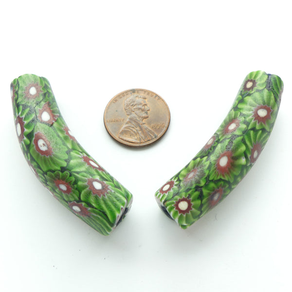 Millefiori Antique Venetian Trade Bead, Elbow, Green Chevrons with White, 48x12mm, Sold as Pair