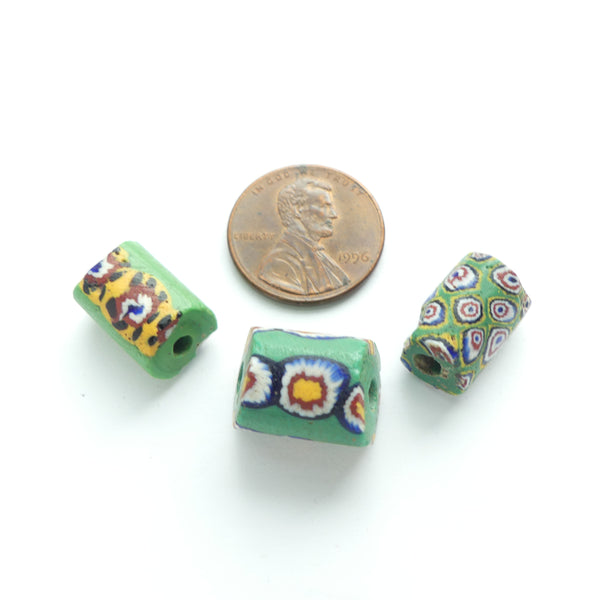 Millefiori Antique Venetian Trade Beads, Rare Green Core Beads with Early Murrine, Set of 3