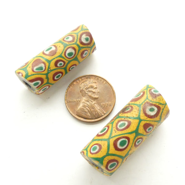Millefiori Antique Venetian Trade Beads, Pair of Amber, Red, White & Green, 32x12mm