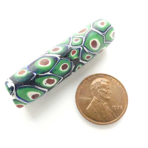 Millefiori Antique Trade Bead, Extra Long with Green, White & Brick, 42x12mm