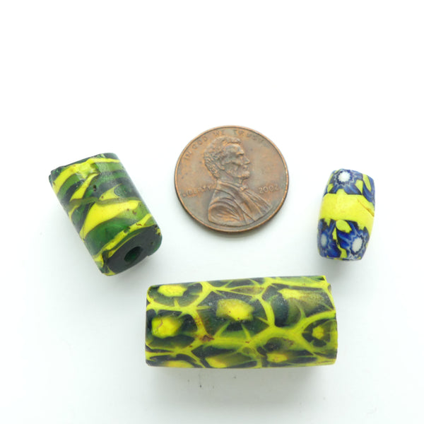 Millefiori, Antique Venetian Trade Beads, Green & Yellow Set of 3, Largest 26x11mm