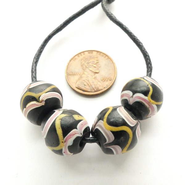 Lampwork, Antique Venetian, Black Round Beads with Pink and Yellow Designs, Set of 4