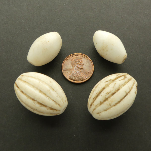 Bohemian Molded Beads, White Ovals Melon 27x20mm & Smooth, 23x14mm, Set of 4