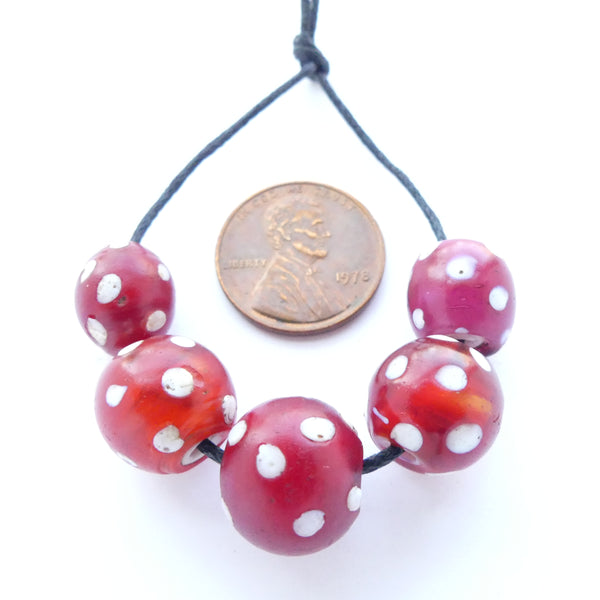 White Hearts, Antique Eye Beads, Brighter Red, Sets of 5