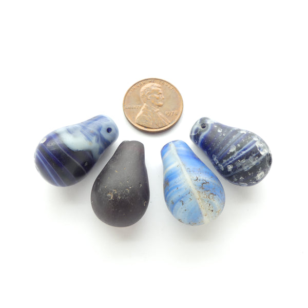 Bohemian Antique Molded Glass "Lightbulb" Beads, Blues, 24mm, Set of 4