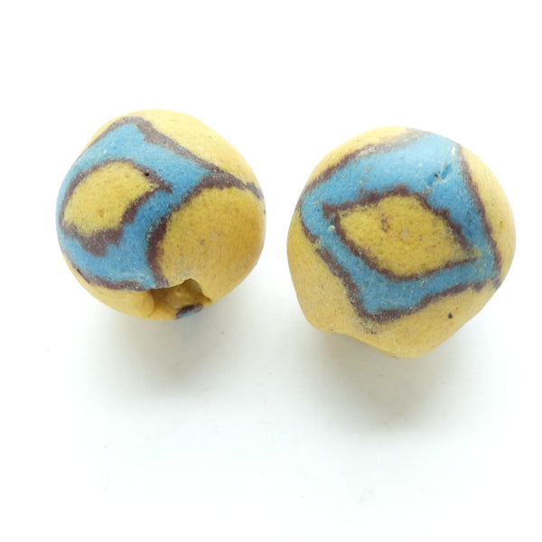 Powderglass "Bodom" Style Bead, Large Round with Blue Diamonds, 32mm Diameter