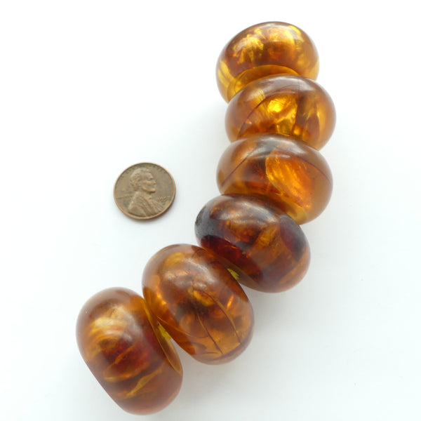African Amber, Very Rare Translucent Marbled Oblate Beads, 17x32mm, Sold Individually