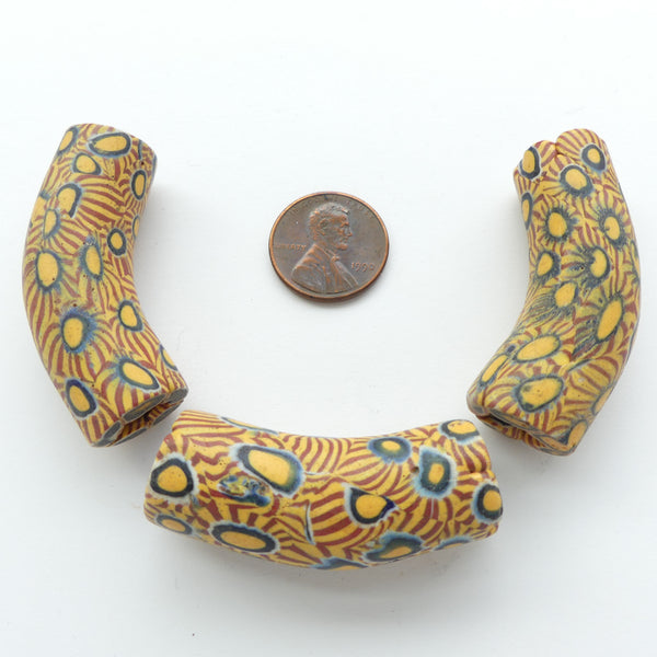 Millefiori Antique Trade Beads, Large Thick Elbows, Warm Tones, 45x15mm, Sold Individually