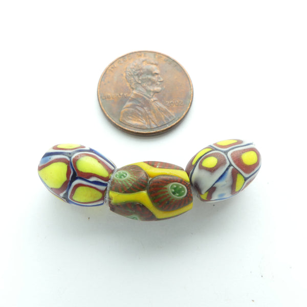 Millefiori, Antique Venetian Trade Beads, Coordinated Set of 3 Olive Shapes in Yellow