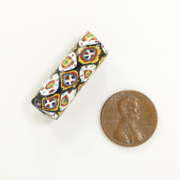 Millefiori Antique Venetian Trade Bead, Rare Bundled Cane Patterns with White & TQ, 30x11mm