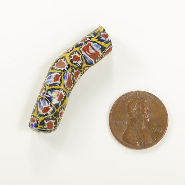 Millefiori Antique Venetian Trade Bead, Small Elbow w/ Flower Pattern, 37x10mm